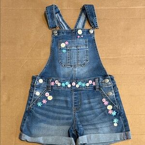 Jordache Blue Denim Short Overalls with Floral Embroidery Girls 7/8